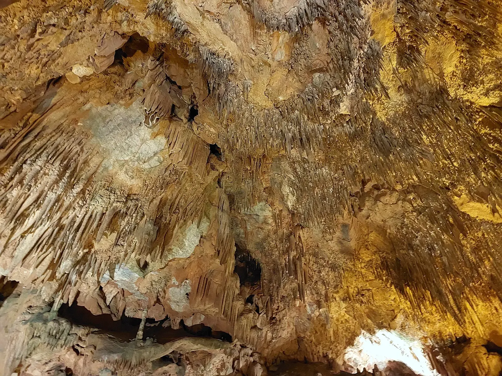Een plafond vol stalactieten in de grote zaal van de Damlataş grot