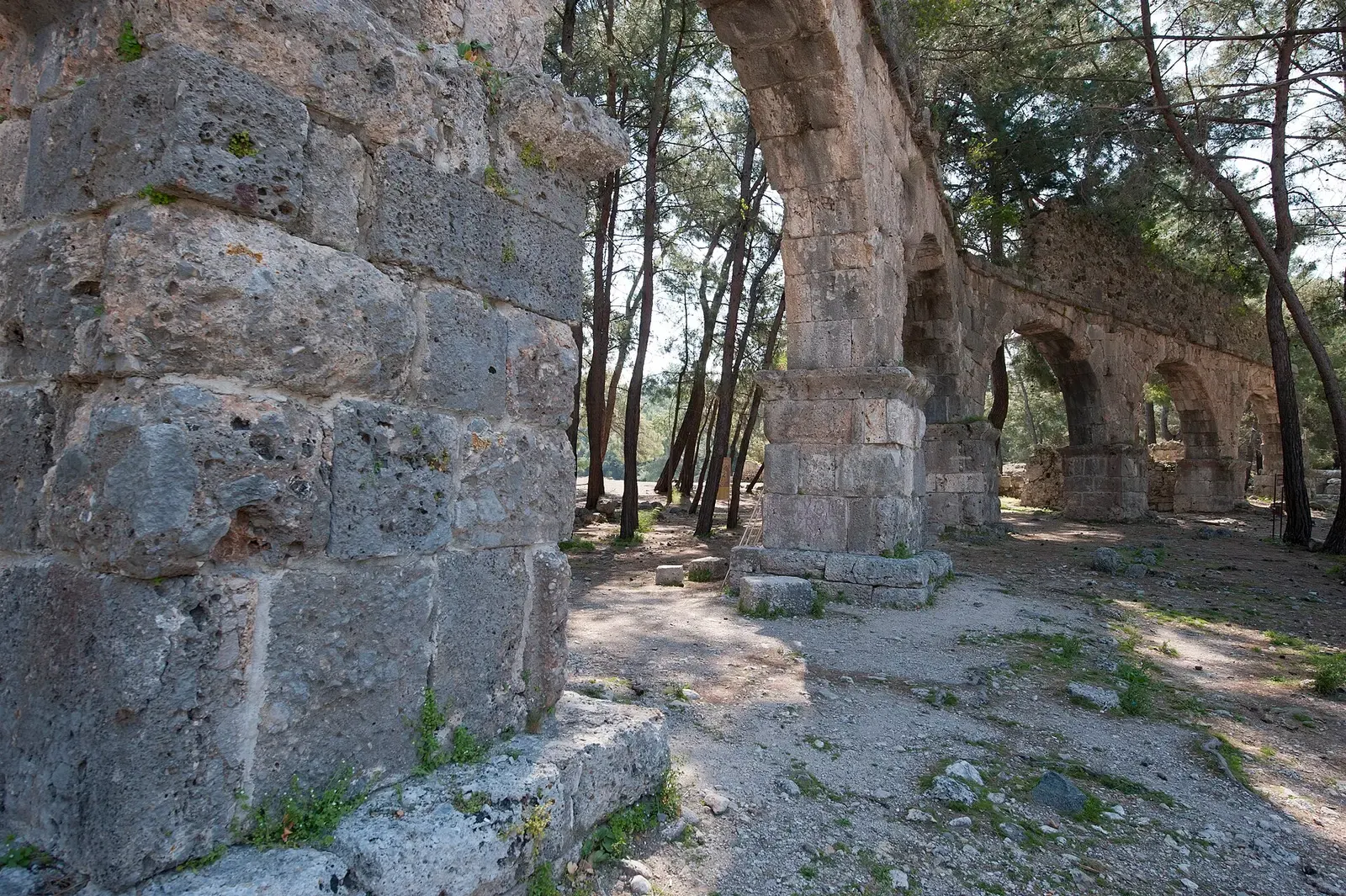 Het aquaduct van Phaselis met stenen bogen tussen de bomen