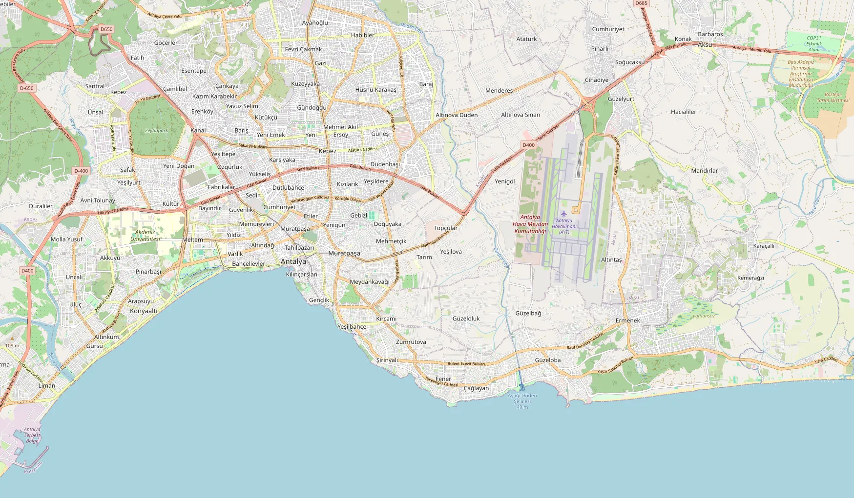 Kaart van Antalya-stad en Lara met 9 bezienswaardigheden